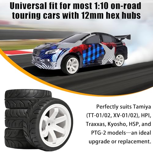 OD 2.55" On Road Rubber Tires Plastic Wheel Rims 12mm Hex for 1/10 RC Car | Compatible with MJX HSP Tamiya HPI Kyosho Traxxas Sakura Redcat WLtoys 1/10 RC On-Road Racing Touring Car (4pcs, White) - style: B-White