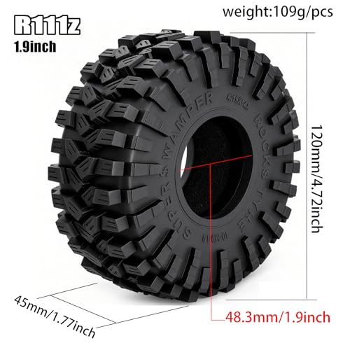 REDSPIDER 1.9" RC Crawler Tires, High-Grip Rubber Replacement Tires OD 120MM for 1/10 RC Crawler SCX10, TRX4, D90, Redcat Gen8, Off-Road Mud Terrain Tires (Set of 4)