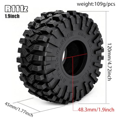 REDSPIDER 1.9" RC Crawler Tires, High-Grip Rubber Replacement Tires OD 120MM for 1/10 RC Crawler SCX10, TRX4, D90, Redcat Gen8, Off-Road Mud Terrain Tires (Set of 4)