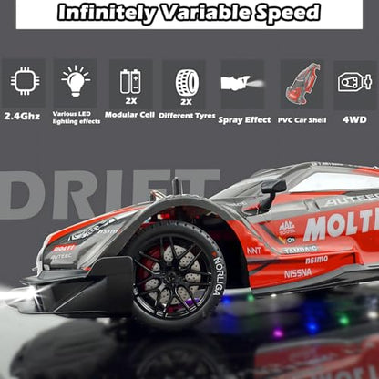HTURCCOP 1:16 RC Drift Car 2.4GHz Spray 4WD LED Lights 30+KM/H High Speed Remote Control Car 2 Batteries 60Min Infinitely Variable Speed Drift Car Toys for Adults and Kids(Red) - color: Red 1:16