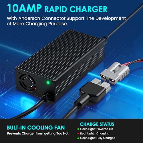 24V(29.2V Max) 10A Lithium Battery Charger for LiFePO4 Deep Cycle Rechargeable Battery Multi Safety Protections Smart Charger with Anderson Connector LED Indicator and 11 AWG M8 Adapter Cable