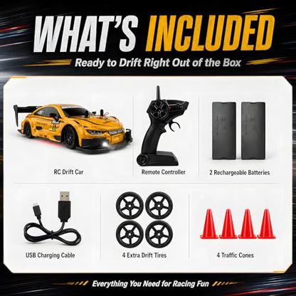 HTURCCOP 1:20 RC Drift Car 2.4GHz 4WD High Speed Drift Remote Control Cars Vehicle with LED Lights and Drifting Tires Batteries x2 Racing Sport Toy Cars for Adults Boys Girls Kids (Yellow) - color: Yellow