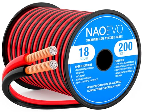 NAOEVO 18 Gauge Wire 2 Conductors, CCA Red Black Electrical Wire, 200FT | Flexible, High Conductivity & Wear-Resistant 18 AWG Wire with PVC insulation for Automotive, Speaker, LED, Marine, 12V/24V DC - size: 200ft, style: 18AWG
