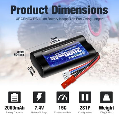 2000mAh 7.4 V Li-ion Battery with JST Plug 2S Rechargeable RC Battery with 1 to 2 USB Charger Fit for RC Helicopter Car Truck and RC Boats