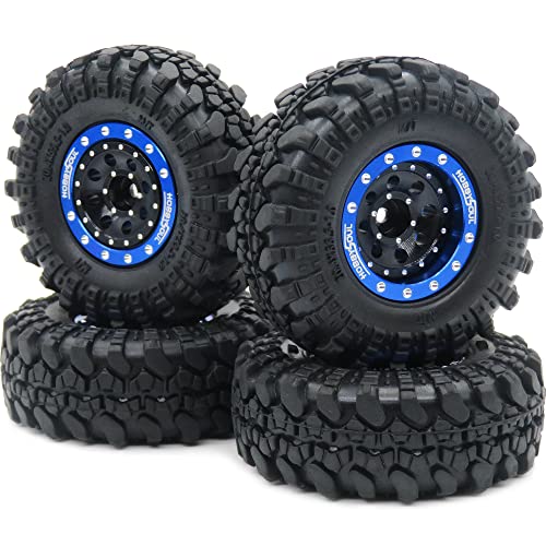 Adjustable Offset RC 1.0 Wheels and Tires, 1/24 Tires & Heavy 1.0 beadlock Wheels Blue Black for 1:24 RC Crawler Axial SCX24 90081 AXI00001 & Other 1/24 Crawler Truck, (4-Pack, Assembled) - color: Blue & Black