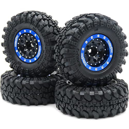 Adjustable Offset RC 1.0 Wheels and Tires, 1/24 Tires & Heavy 1.0 beadlock Wheels Blue Black for 1:24 RC Crawler Axial SCX24 90081 AXI00001 & Other 1/24 Crawler Truck, (4-Pack, Assembled) - color: Blue & Black