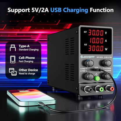 DC Power Supply Variable, 0-30V 0-10A Adjustable Switching DC Regulated Bench Power Supply with High Precision 4-Digit LED Display, 5V/2A USB Port, Coarse and Fine Adjustment SPS-3010 - color: SPS(Red LED), size: 30V 10A