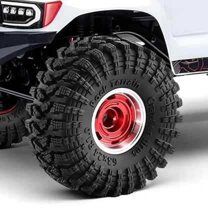 1.0" Beadlock Aluminum Wheels and 64mm Soft Rubber Tires | for SCX24, TRX4M, Ascent 18, FCX24, 1/18 1/24 RC Crawler, 7mm Hex, 0mm Offset, with Foam Inserts, (Red 356) - color: Red 356
