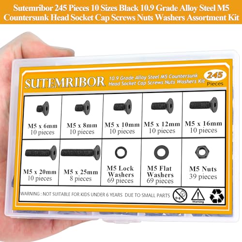 245 Pieces M5 Screws Nuts Washers Set Black, Sutemribor M5 x 6/8/10/12/16/20/25mm Countersunk Head Socket Cap Screws Nuts Washers Assortment Kit, 10.9 Grade Alloy Steel, Fully Threaded - size: M5, style: Countersunk Head Socket Cap