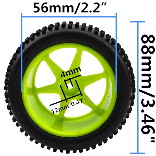4Pcs HIRCQOO OD 88mm/3.46" Front Rear Rubber Tire Tyre & Plastic Wheel Rims 12mm Hex Compatible with Redcat Shockwave HPI HSP ExceedRC Kyosho 1/10 Scale Off Road Buggy (Green) - color: Green