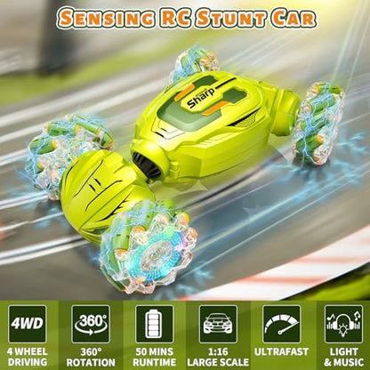 Gesture Sensing RC Stunt Car, Remote Control Car Christmas Birthday Gifts for Kids Age 6-12, 2.4Ghz Hand Controlled Twist Cars, 360° Rotating Off Road Car Toy for Boys Girls Age 6 7 8 9 10 11+(Green) - color: Green