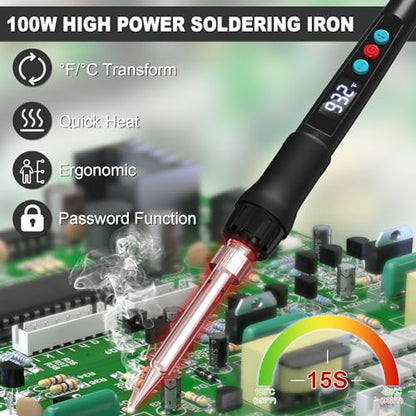 Soldering Iron Kit, 100W Soldering Gun with LED Digital Display, Adjustable Temperature 356-932℉ Solder Kit for Electronics, Includes Soldering Iron Tip, Solder Wire, Stand, Tweezers and Paste, Black - color: Black