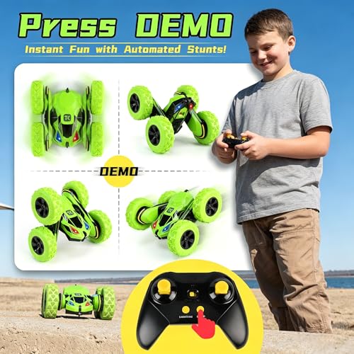 Threeking Remote Control Flip Stunt Car Double Sided Driving Toys Gifts | Durable RC Cars with Breathing Soft Lights for Boys Girls Ages 6-12 - color: Green