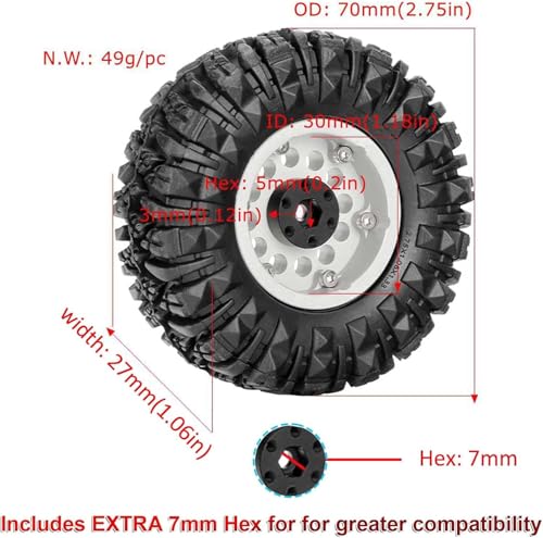 4PCS 1.3" Aluminum Alloy Beadlock Wheel Rims All-Terrain Tyre 70mm Rubber Tires Set with 5mm & 7mm Hex for 1/12 1/14 1/18 1/24 RC Rock Crawler Car Upgrade Parts (B-Silver) - color: B-silver