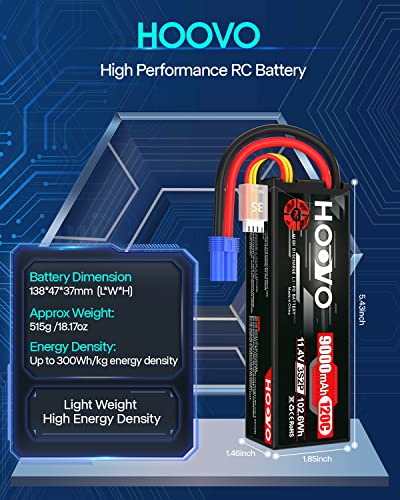 HOOVO 3S Lipo Battery 11.4V 9000mAh 120C RC Battery HV EC5 Plug 2 Pack | High Voltage, Hard Case, compatible for RC Cars Boats Trucks Buggies Drones RC Vehicles - style: 3S 9000mAh