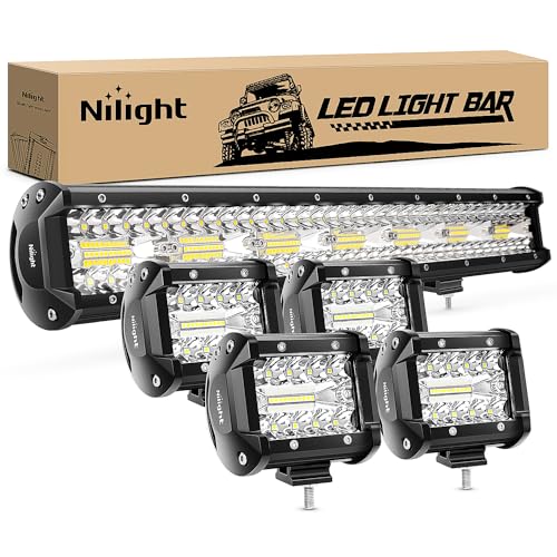 Nilight 20 Inch 420W Triple Row Flood Spot Combo Led Light Bar 4PCS 4Inch 60W LED Pods Driving Boat Lights Led Off Road Trucks Lights , 2 Years Warranty (ZH415), Black - color: 20Inch Lights + 4PCS Led Pods