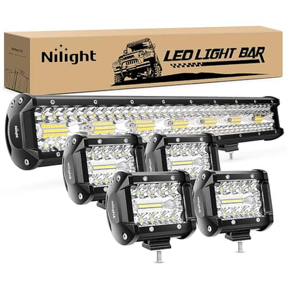 Nilight 20 Inch 420W Triple Row Flood Spot Combo Led Light Bar 4PCS 4Inch 60W LED Pods Driving Boat Lights Led Off Road Trucks Lights , 2 Years Warranty (ZH415), Black - color: 20Inch Lights + 4PCS Led Pods