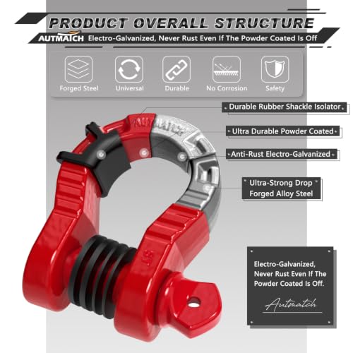 AUTMATCH D Ring Shackles 3/4" Mega Shackle (2 Pack) 68,000Ibs Break Strength - Heavy Duty Clevis Shackles with 7/8" Screw Pin and Isolator Washer for Tow Strap Winch Off Road Vehicle Recovery, Red - color: Red