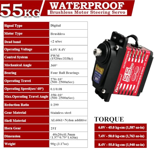 High Torque 55kg Brushless Servo Motor Waterproof RC Digital Servo High Speed Metal Gear Steering Servo for RC Cars, Drones, Robots and Flight Control Systems- Control Angle 270°