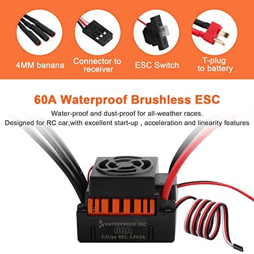RC Motor & ESC Combo Set,1:10 F540 4370KV Brushless Motor and 60A ESC with Electric Speed Controller Program Card for 1/10 RC Off Road Car Trucks