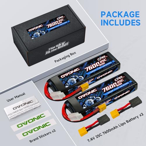 OVONIC 2S Lipo Battery 7.4V 7600mAh 25C with TRA Connector for RC Car Truck Vehicles Boat Drone Airplane Quadcopter Helicopter FPV Racing Hobby Models Pro Truck Boat Jet Basher 2 Batteries