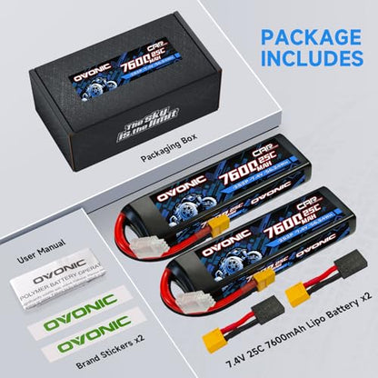 OVONIC 2S Lipo Battery 7.4V 7600mAh 25C with TRA Connector for RC Car Truck Vehicles Boat Drone Airplane Quadcopter Helicopter FPV Racing Hobby Models Pro Truck Boat Jet Basher 2 Batteries