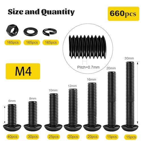 660PCS M4 Screws with Nuts Assortment Kit, M4-0.7 x 6/8/10/12/16/20/30 mm Hex Button Head Cap Bolts, Nuts & Washers Assorted Set - Grade 10.9 Alloy Steel Machine Screw, Black Zinc Plated - size: M4 660pcs