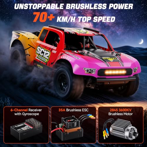 1/12 Brushless Remote Control Car RTR, 42MPH (70+Km/H 4WD Rc Short-Course Truck, Amateur-Level Rc Drift Car, Equipped with 3s 2200 Mah Battery, All-Terrain Tires, Suitable for Adults-RED - color: Red