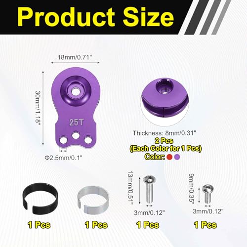 MECCANIXITY 2pcs 25T Servo Horn Arm Adjustable 3 Hole High-Torque Aluminum Alloy Servo Arm for 1/10 RC Model Car Truck Robot Boat Airplane, Red & Purple - color: Red & Purple
