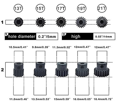 32P 5mm Pinion Gear Set 13T 15T 17T 19T 21T with Hex Key for 1/10 RC Car | 32P 5mm Hardened Metal Pinion Motor Gear Set 13T 15T 17T 19T 21T with 3.175mm Coupler for RC Buggy Car Monster Truck - color: 13t/15t/17t/19t/21t