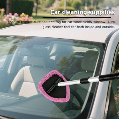 Car Windshield Cleaner Tool, Extendable Handle Pentagonal Vehicle Window Cleaning Kit with 4 Reusable Pads Spray Bottle, Auto Windscreen Detailing Cleaner, Universal Fit (Pink) - size: Pink