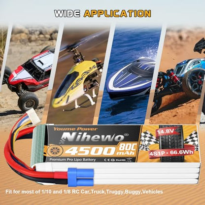 4S Lipo Battery 14.8V 4500mAh 80C EC5 2Packs for RC Car Plane Boat | High discharge Soft Case RC Battery 4500mAh 80C EC5 plug Fit for 1/10 & 1/8 RC cars/trucks, airplanes helicopters boats tanks