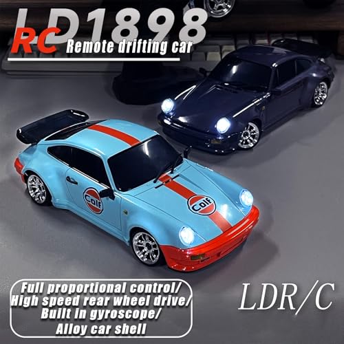 FLYCOLOR LD1898 1/18 RC Drift Car GTR R34 2.4GHz RWD with Gyroscope on-Road Alloy Body Shell Racing Cars Radio Control (Blue-Orange) - color: Blue-orange