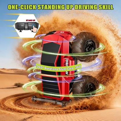 Remote Control Car RC Truck 1:16 Plus, 4WD Waterproof Amphibious RC Car All Terrain Pickup,2.4GHz Remote Monster Truck with 360° Rotating Standing Stunt Toy Car for Kids Boy Girl 4-7 8-12 Ages,Red - color: Red