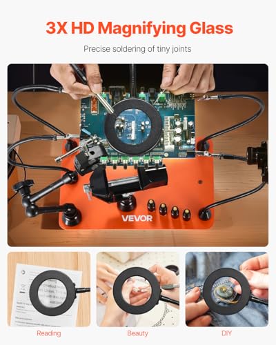 VEVOR Magnetic Helping Hands Soldering Station, 4 Arms Third Hand Tool, with Vise, 3X LED Magnifying Lamp, 4 PCB Holder & 360 Hot Air Gun Holder, Soldering Helper for Electronic Repair Craft Hobby DIY - style: with Heat Gun Holder and Vise