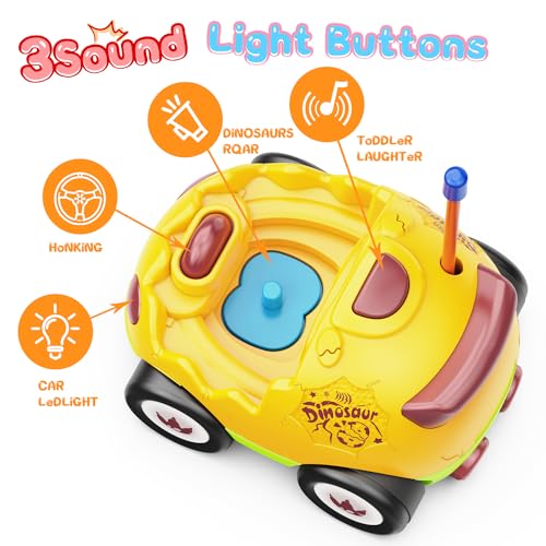 Kidz do 2 Pack Dinosaur Remote Control Cars for Toddlers 2 3 4 5 Years Old - Easter Birthday Gift Ideas for Boys Ages 2-5, Kids Dino Toys RC Vehicle with Lights and Music for Family Fun(Yellow Green) - color: Green&yellow