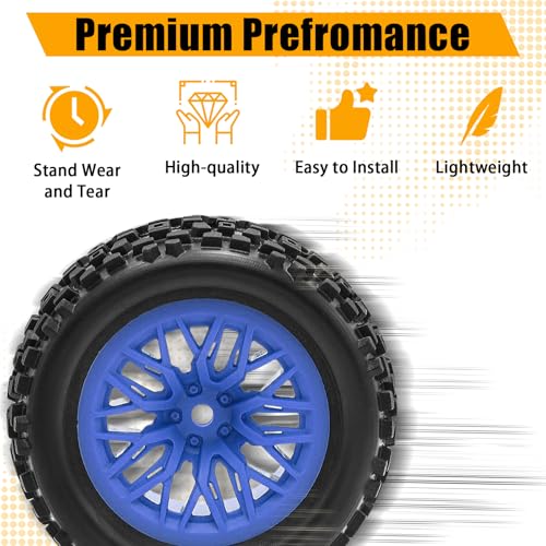 Pre-Glued 1/16 & 1/18 RC Monster Truck Tires, Soft Rubber Tire and Nylon Wheels Rims with 12mm hex Compatible with ARRMA 1/18 Granite/Typhon Grom, WLtoys A949, MJX Hyper Go H16 RC Buggy, 4PCS (Blue) - color: Blue