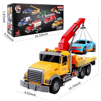 Dwi Dowellin Kids Toys for 3 4 5 6 7 Years Old Boys, 15" Large Tow Truck Toy,Friction Powered Transport Truck Crane Toy with Lights and Sounds,with Roadster,Toddlers Gifts - style: tow truck