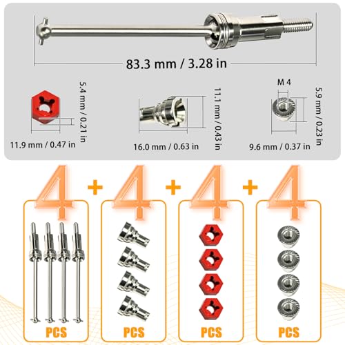 Hardened Steel CVD Driveshaft Front Rear with Hexs, Nuts, Drive Center Cup, Drivershaft Dogbone CVD Compatible with ARRMA 1/18 Mojave Granite GROM ARA2102, Replace #ARA311198 (Silver,Red) - color: Silver-red