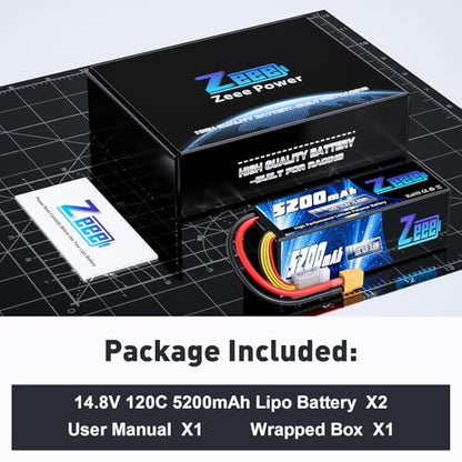 Zeee 4S Lipo Battery 5200mAh 14.8V 120C with XT60 Plug (2 Pack) | Hard Case RC Battery for RC Car Truck Vehicles RC Buggy Truggy 1/10 Scale Racing Hobby Models