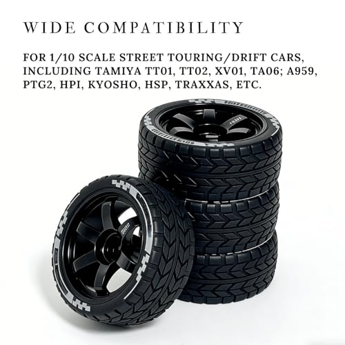 1/10 RC On-Road Tires 68mm OD and Aluminum Street Wheels 4PCS, 12mm Hex Touring Tyres Compatible with Tamiya TT01 TT02 XV01 TA06, HPI, KYOSHO, HSP, Traxxas, PTG2, A959 Rally Drift Cars