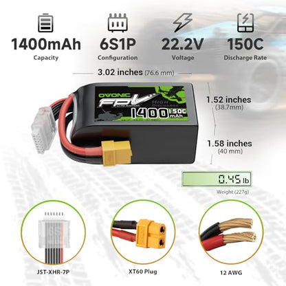 OVONIC 22.2V 150C 1400mAh 6S Lipo Battery with XT60 Plug