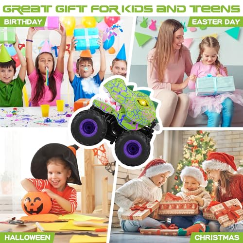 DYODYORC Remote Control Car, 2.4Ghz All Terrain Dinosaur Monster Truck Toys, RC Truck with Spay, Music, 3 Lighting Effects, Stunt Capable, Toy Gifts for Boys and Girls (Green Purple) - color: Green Purple
