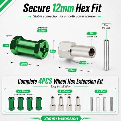 4PCS 12mm Hex Hub 25mm Aluminum Extension Hex for Axial SCX10 D90 90046 | 25mm CNC Wheel Hex Extenders for 1/10 RC Crawlers Redcat Gen7/Gen8 CC01 RC4WD Wider Stance & Tire Clearance with M4 Nuts Pins - color: Green