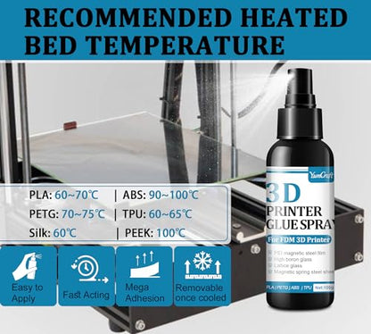 3D Printer Adhesive Glue Spray 200ml, High Tack, Anti-Warp for PLA ABS PETG | No residue, easy removal. 3D printing accessories for all build plates & heated beds. Perfect adhesion for TPU, ASA & more.