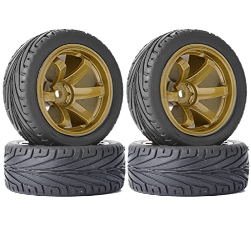 4PCS RC Car Rubber Tires and Plastic Wheels Rims Compatible with 1/10 Scale On Road Touring Racing Flat Drift Car for HSP HPI Tamiya(Gold) - color: Gold
