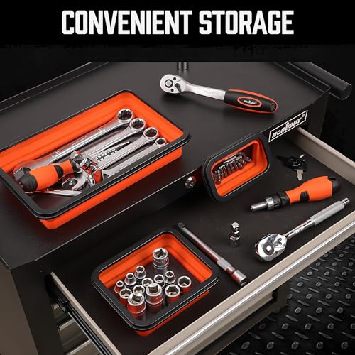 HORUSDY 3-Piece Magnetic Parts Tray Set, Tool Trays for Storage Organizer Screw, Bolts, Washers, Nuts and Small Tools. Tool Gifts for Men, Orange and Black - style: 3-Piece Magnetic Tray - Collapsible Red
