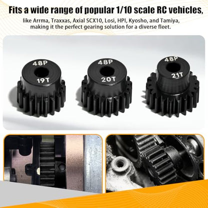 3PCS 48P Pinion Gear Set Hardened Steel 3.175mm Shaft 19T 20T 21T with Screws & Hex for 1/10 RC Arrma Traxxas HPI Kyosho Losi Axial SCX10 Tamiya Monster Truck Buggy Motor Upgrade Parts - size: 19 20 21T
