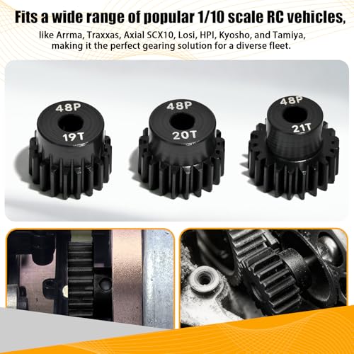 3PCS 48P Pinion Gear Set Hardened Steel 3.175mm Shaft 19T 20T 21T with Screws & Hex for 1/10 RC Arrma Traxxas HPI Kyosho Losi Axial SCX10 Tamiya Monster Truck Buggy Motor Upgrade Parts - size: 19 20 21T