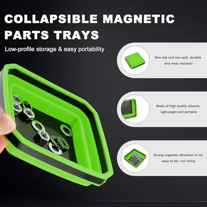 Collapsible Magnetic Parts Tray, 4.5" Square Metal Parts Organizer with Dual-Sided Magnetic Base, Foldable Tools Tray Silicone Storage Bowl for Screws Bolts Nuts Washers Pins (Green) - color: Green